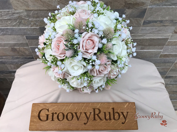 Mocha Pink Thistle With Foam Roses & Gypsophila