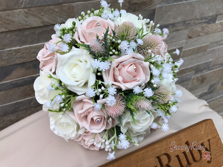 Mocha Pink Thistle With Foam Roses & Gypsophila