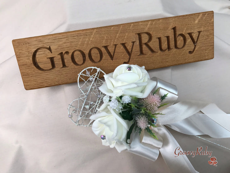 Mocha Pink Thistle With Foam Roses & Gypsophila