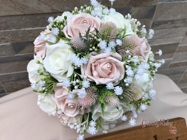 Mocha Pink Thistle With Foam Roses & Gypsophila