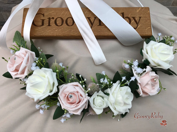 Mocha Pink Thistle With Foam Roses & Gypsophila