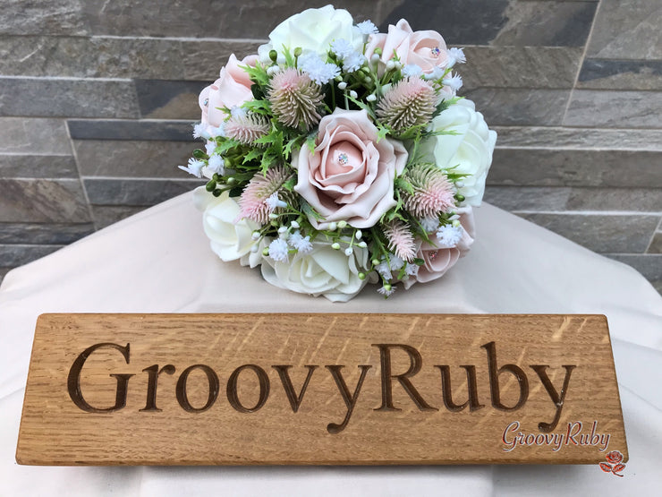 Mocha Pink Thistle With Foam Roses & Gypsophila