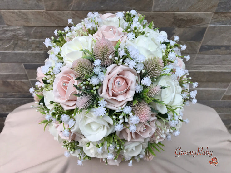 Mocha Pink Thistle With Foam Roses & Gypsophila