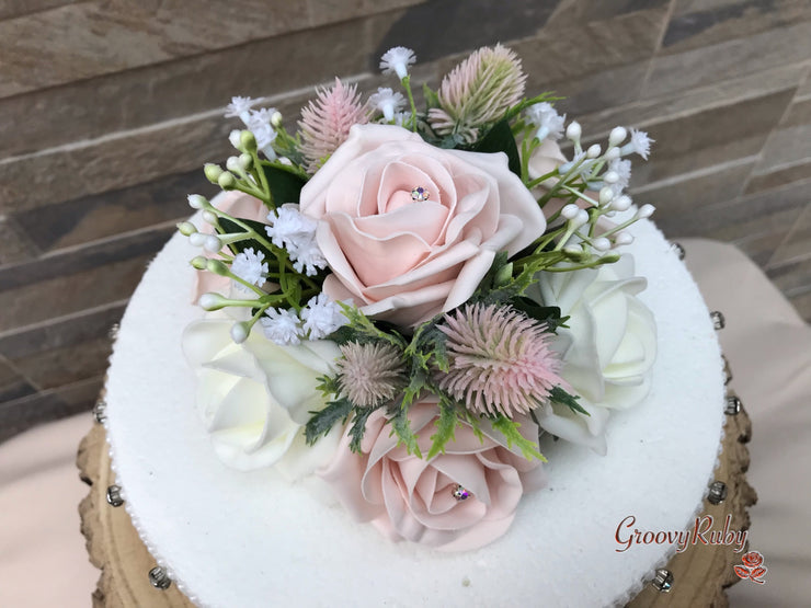 Mocha Pink Thistle With Foam Roses & Gypsophila