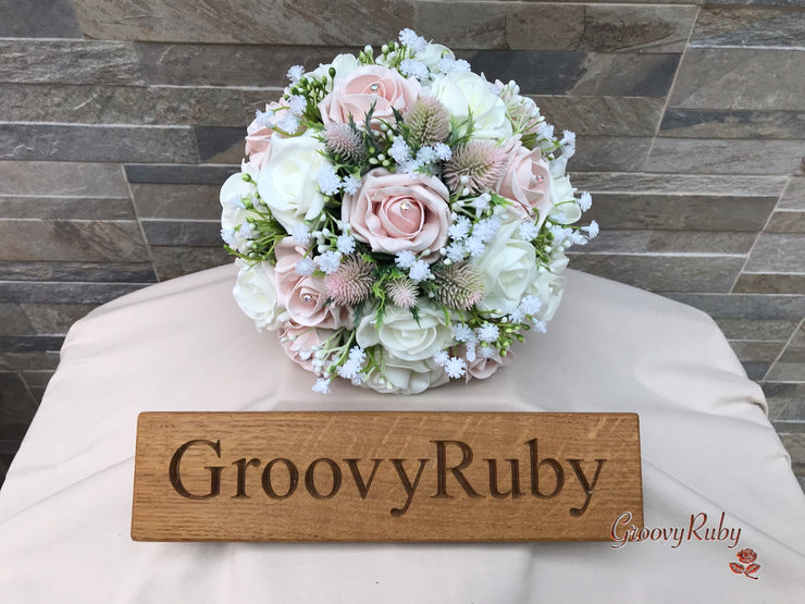 Mocha Pink Thistle With Foam Roses & Gypsophila