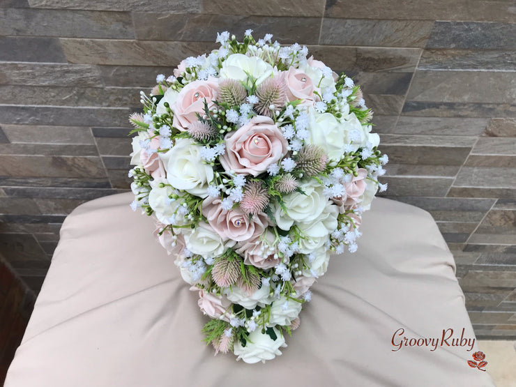 Mocha Pink Thistle With Foam Roses & Gypsophila
