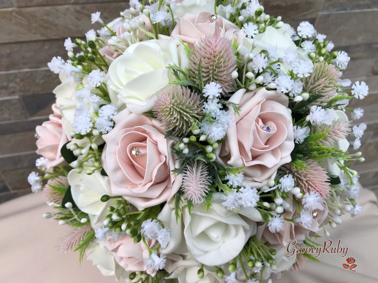 Mocha Pink Thistle With Foam Roses & Gypsophila