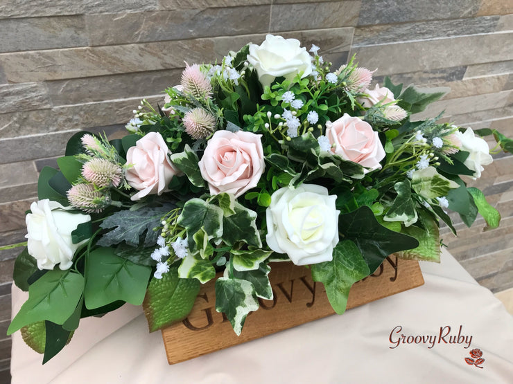 Mocha Pink Thistle With Foam Roses & Gypsophila