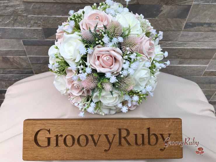 Mocha Pink Thistle With Foam Roses & Gypsophila