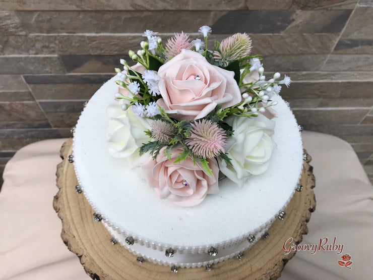 Mocha Pink Thistle With Foam Roses & Gypsophila