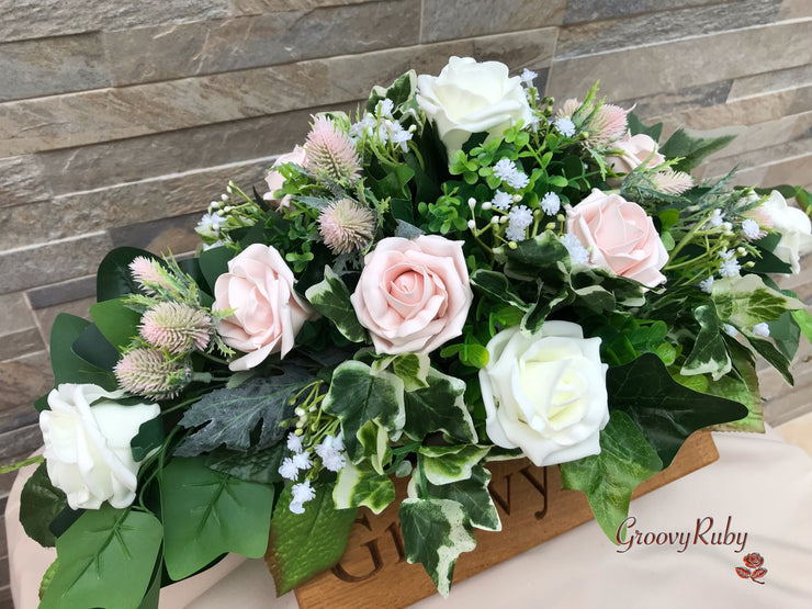 Mocha Pink Thistle With Foam Roses & Gypsophila