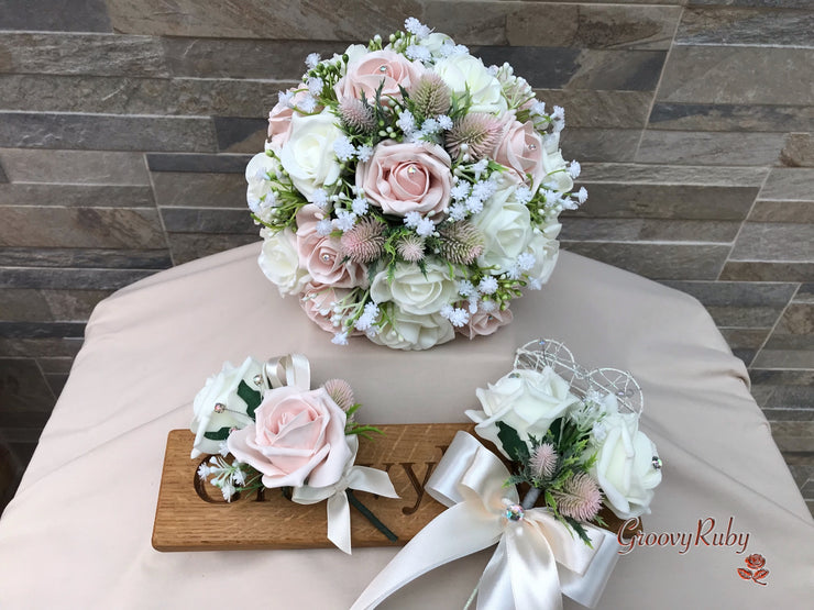 Mocha Pink Thistle With Foam Roses & Gypsophila