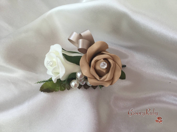 Ladies Pin On Corsage With Pearl Spray & Ribbon - Colour Combination Of your Choice