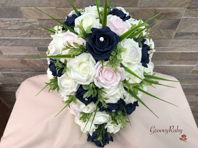 Navy & Blush Pink Foam Roses With Foliage & Diamanté