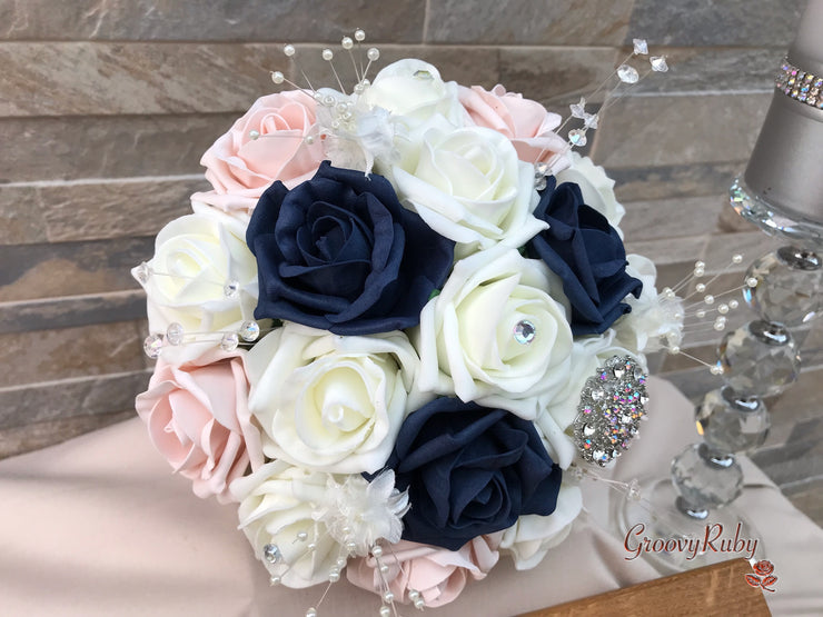 Navy & Mocha Pink Foam Roses With Victorian Embellishment