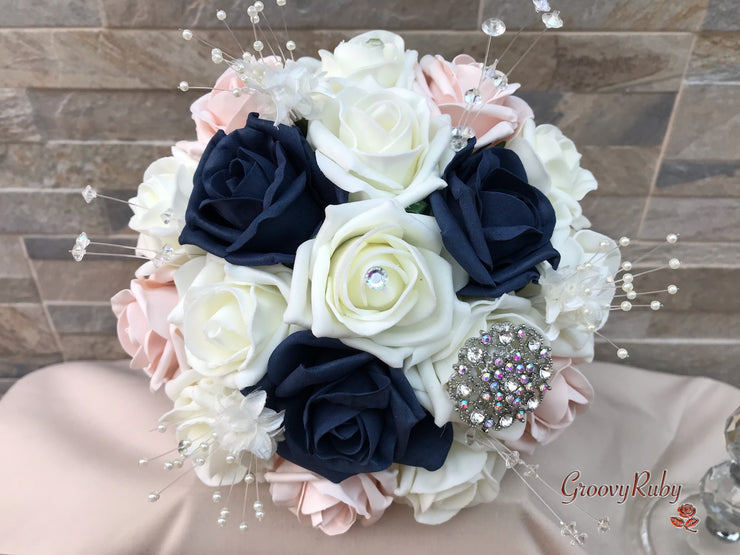 Navy & Mocha Pink Foam Roses With Victorian Embellishment