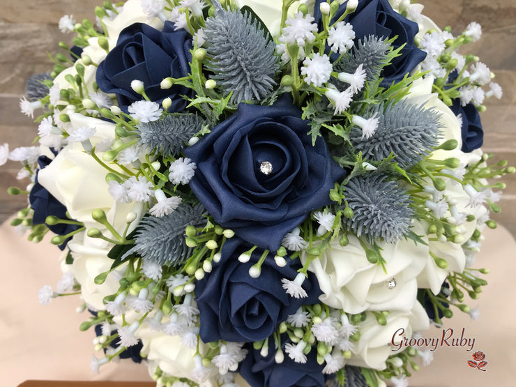 Navy Thistle With Foam Roses & Gypsophila