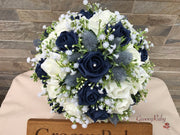 Navy Thistle With Foam Roses & Gypsophila