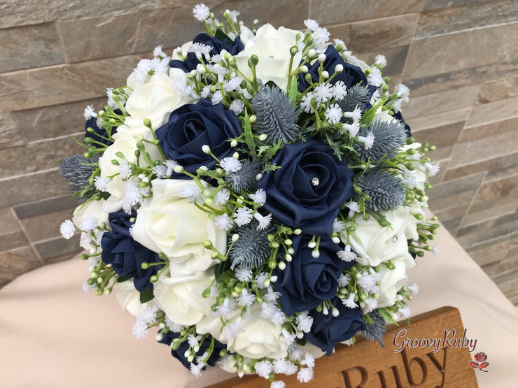 Navy Thistle With Foam Roses & Gypsophila