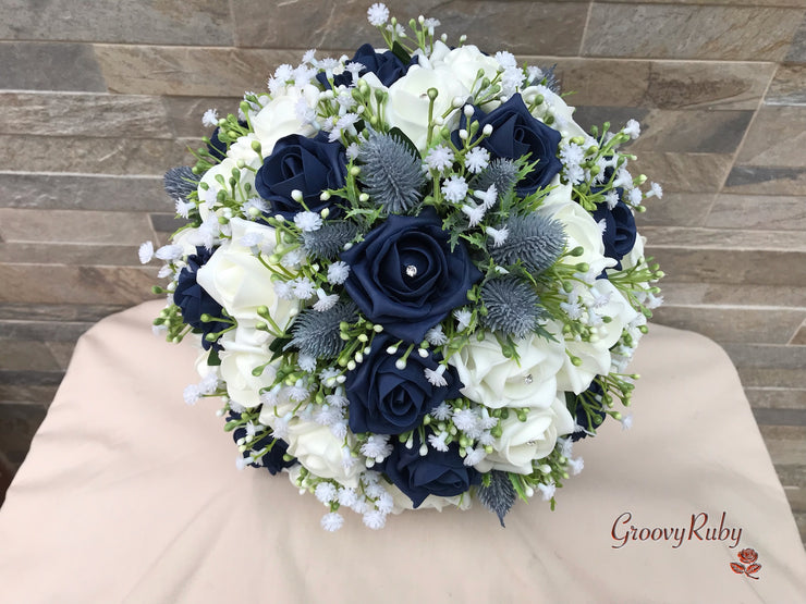 Navy Thistle With Foam Roses & Gypsophila