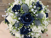 Navy Thistle With Foam Roses & Gypsophila