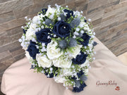 Navy Thistle With Foam Roses & Gypsophila