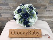 Navy Thistle With Foam Roses & Gypsophila