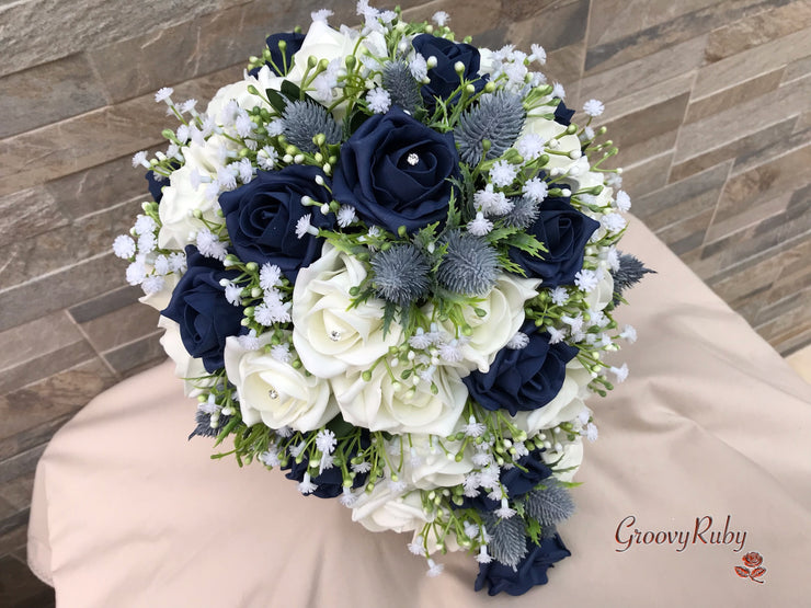 Navy Thistle With Foam Roses & Gypsophila