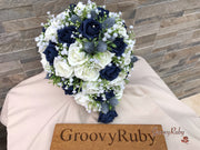 Navy Thistle With Foam Roses & Gypsophila