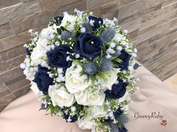 Navy Thistle With Foam Roses & Gypsophila