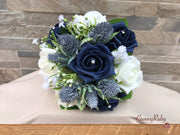 Navy Thistle With Foam Roses & Gypsophila