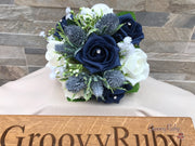 Navy Thistle With Foam Roses & Gypsophila