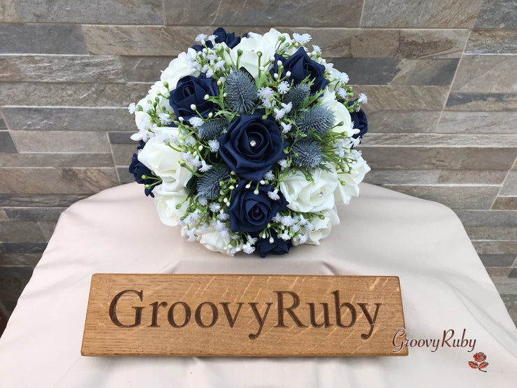 Navy Thistle With Foam Roses & Gypsophila