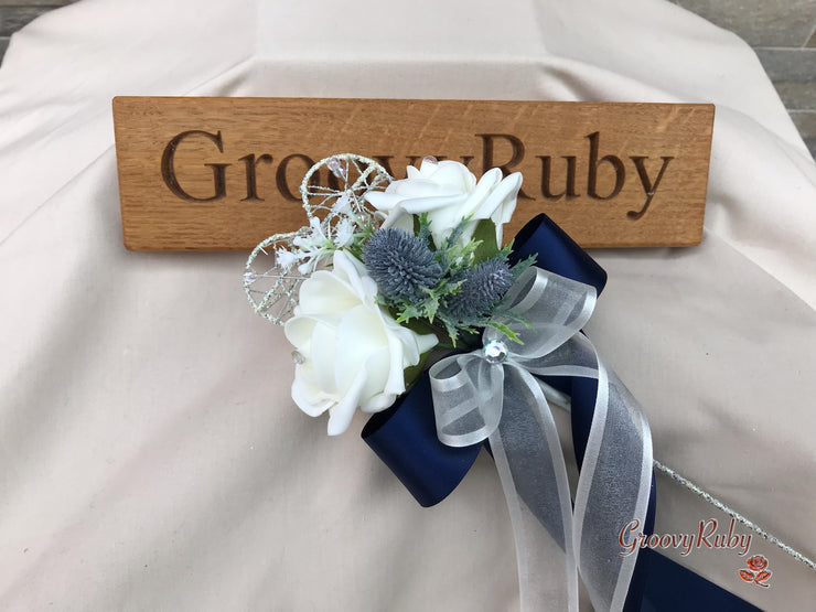 Navy Thistle With Foam Roses & Gypsophila