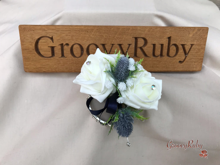 Navy Thistle With Foam Roses & Gypsophila