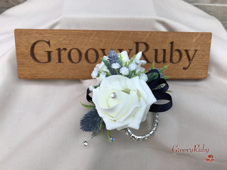 Navy Thistle With Foam Roses & Gypsophila