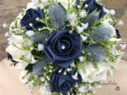 Navy Thistle With Foam Roses & Gypsophila