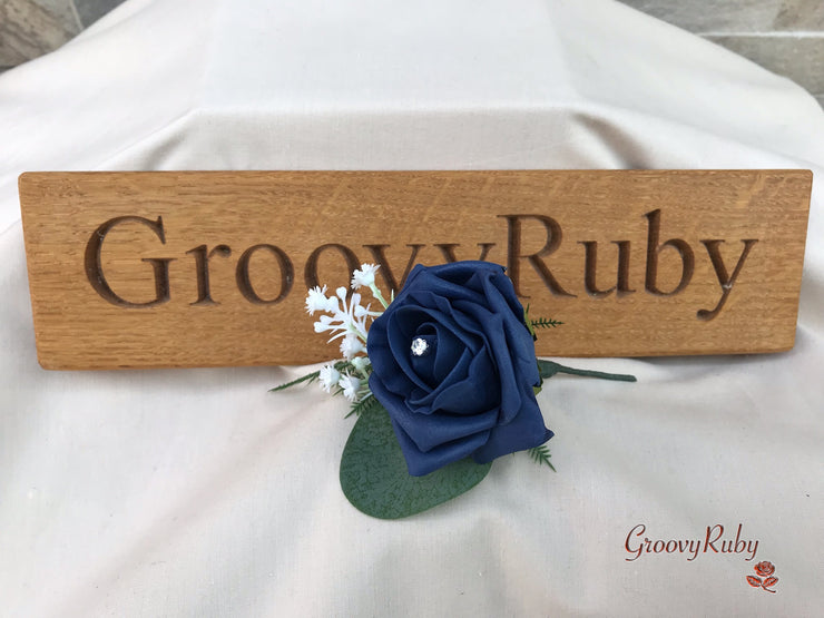 Navy Thistle With Foam Roses & Gypsophila