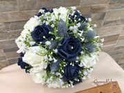 Navy Thistle With Foam Roses & Gypsophila