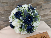 Navy Thistle With Foam Roses & Gypsophila