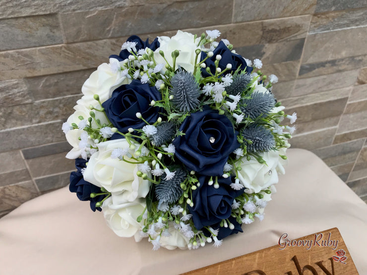 Navy Thistle With Foam Roses & Gypsophila