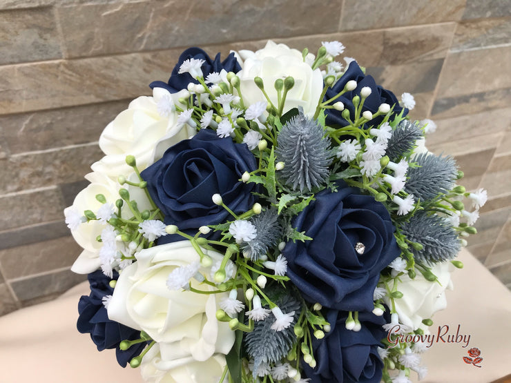 Navy Thistle With Foam Roses & Gypsophila