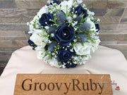 Navy Thistle With Foam Roses & Gypsophila