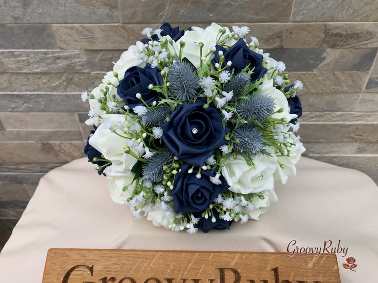 Navy Thistle With Foam Roses & Gypsophila