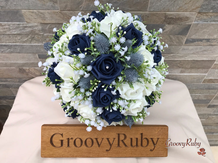 Navy Thistle With Foam Roses & Gypsophila