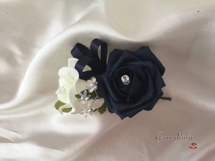 Ladies Pin On Corsage With Crystal Spray & Ribbon - Colour Combination Of Your Choice