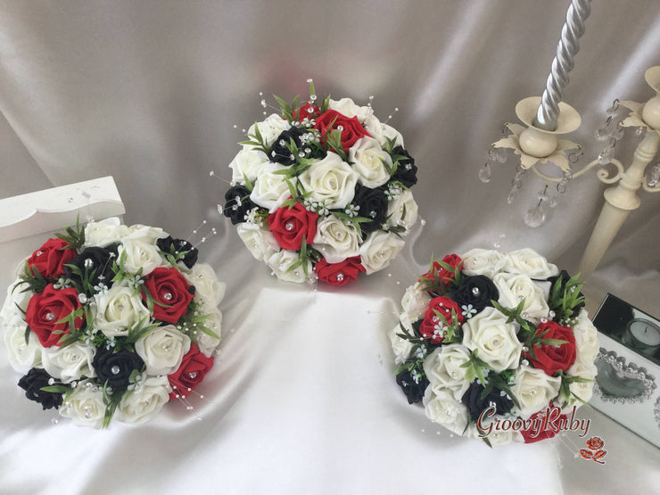 Black, Red & Ivory Rose With Foliage & Crystal Sprays