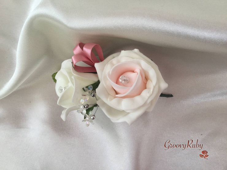 Ladies Pin On Corsage With Crystal Spray & Ribbon - Colour Combination Of Your Choice