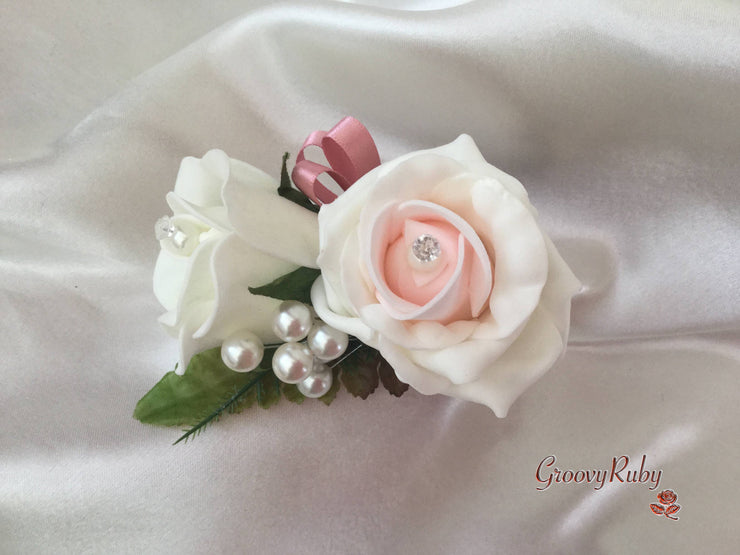 Ladies Pin On Corsage With Pearl Spray & Ribbon - Colour Combination Of your Choice