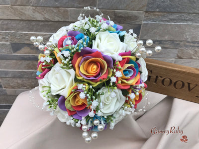 Rainbow & Ivory Foam Roses With Gypsophila & Pearls